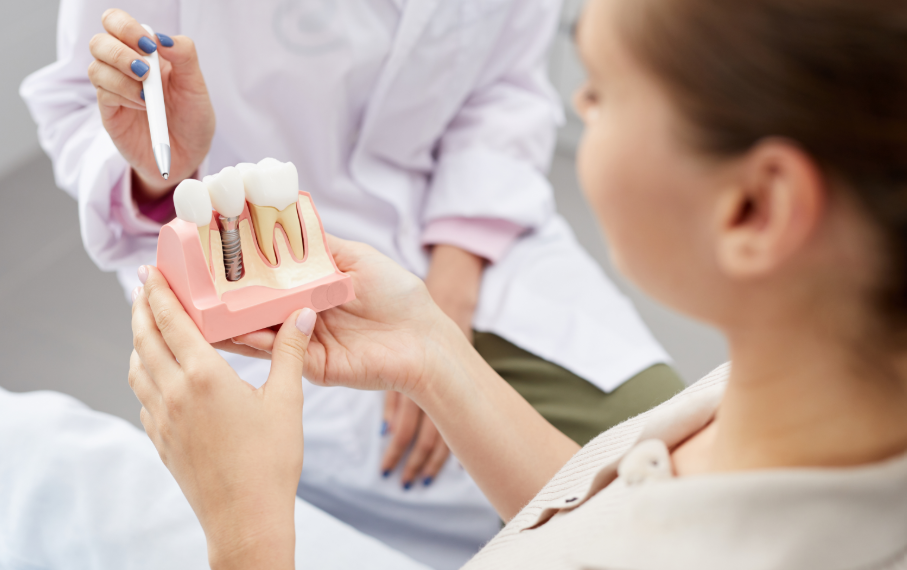 Dentist showing patient model dental implant